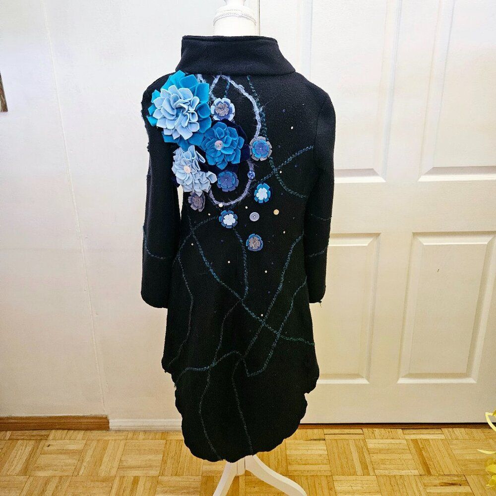 OOAK Artist Handmade Elf Blue Soft Fleece Flower 3D Applique Jacket Coat S M